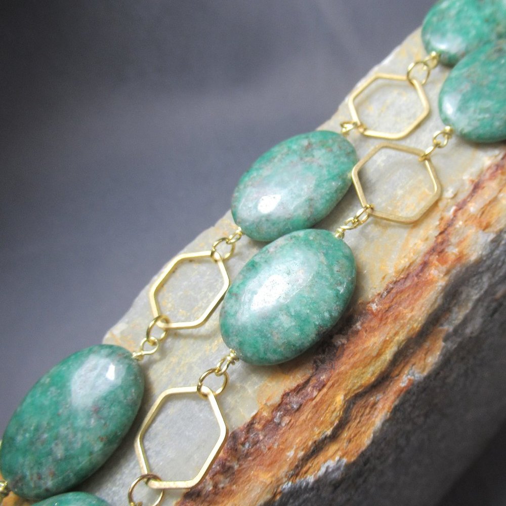 Green Jasper Necklace, Carved Stone, Hexagon Chain